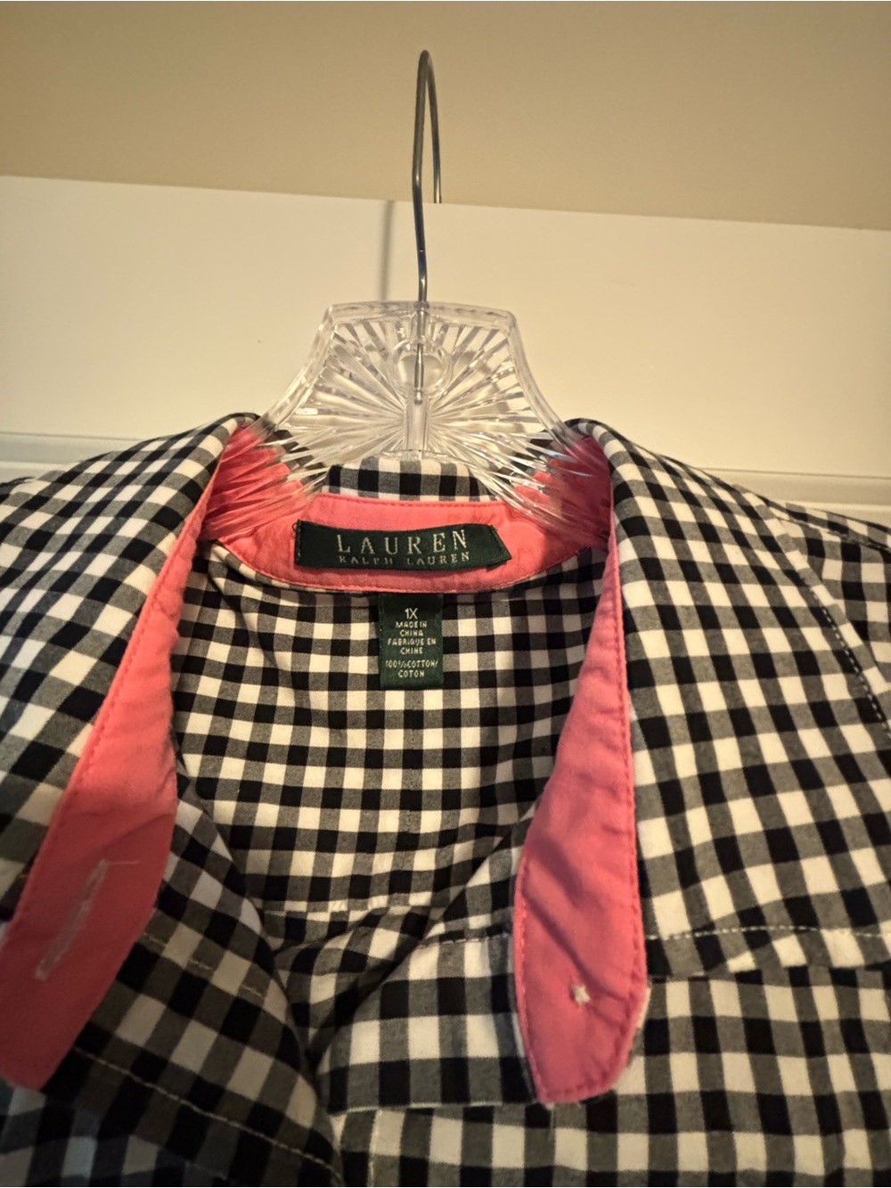 Lauren Ralph Lauren Black & White Gingham Button-Up with Pink Trim - Picture 2 of 2